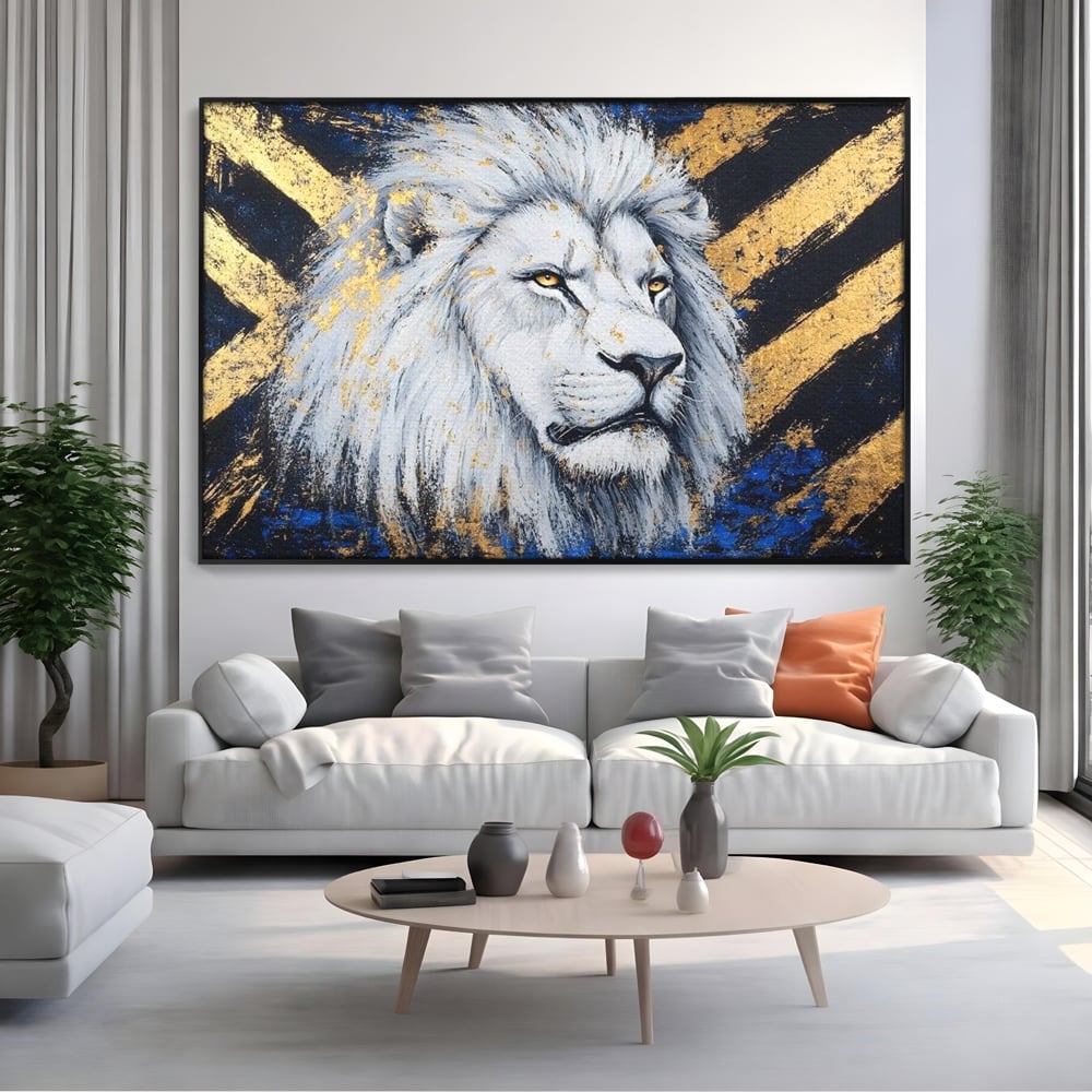 Tablou canvas cu tablou canvas cu leu alb si accente aurii, in rama de aluminiu negru, pe perete intr-un living